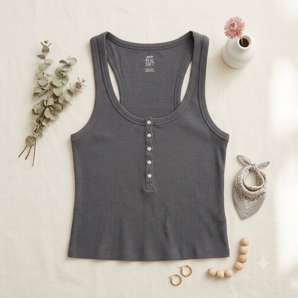 Aerie Real Soft Ribbed Henley Tank Top Gray Size L Altered Raw Hem Crop